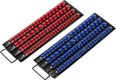 80PCS Portable Socket Organizer Tray, 1/4", 3/8", 1/2", Heavy Duty Socket Organizer, Black Rails, 2 PCS Set(Blue & Red Clips)
