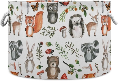 Storage Bin Basket Large Foldable Clothes Bag Round Collapsible Fabric Laundry Hamper Folding Washing Bin Woodland