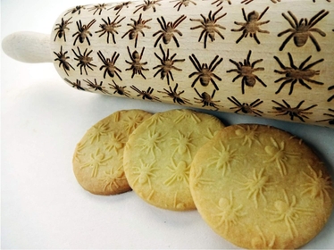 Embossed Rolling Pin SPIDERS for Halloween cookies. Laser Engraved Dough Roller for Embossing Homemade Cookies by