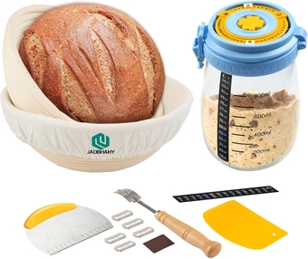 Sourdough Bread Baking Supplies, 2 PCS 9" banneton Bread Proofing Baskets, 34 OZ Starter Jar, Linen Liner, Bowl Scraper, Dough Cutte, Bread lame, Temperature Stickers,Perfect Bread Making Kit