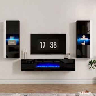 Wall Unit Entertainment Center with 36" Electric Fireplace, Includes 68" Floating Fireplace TV Stand, 2 x Wall Cabinets, Modern LED Light Media Console Table for Living Room, Black/White