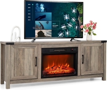 Fireplace TV Stand for TVs up to 70 Inch, Farmhouse TV Console with 23” Electric Fireplace Insert, Remote Control, 2 Heating Modes & 3 Flame Brightness, Media Entertainment Center (Natural)