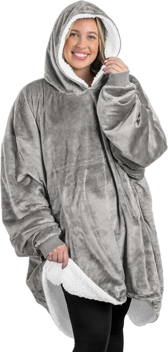 Sherpa Fleece Wearable Blanket - Oversized Wearable Blanket Hoodie - Adult Size - Warm & Cozy - Soft Blanket - Comfortable Blanket Sweatshirt with Two Zipper Pockets (Adult, Light Grey)