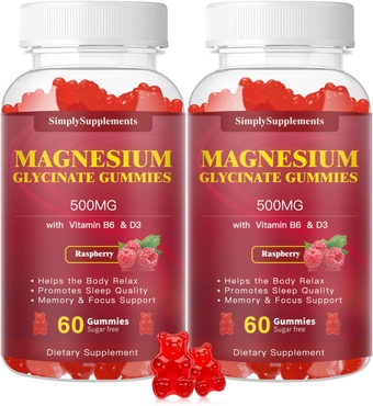 Magnesium Glycinate Gummies 500mg, Chewable Magnesium Supplement with Vitamin D3, B6, CoQ10 for Relaxation, Sleep & Mood Support, Calm Magnesium Gummies - 60 Raspberry Gummies （2 Pack