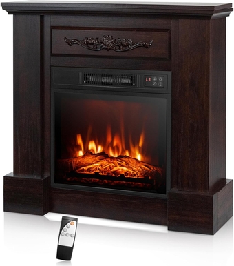Electric Fireplace with Mantel, 1400W Freestanding Mantel Fireplace Heater with Remote Control, 3 Flame Brightness, Thermostat, 6H Timer, Overheat Protection, CSA Certified (Brown)