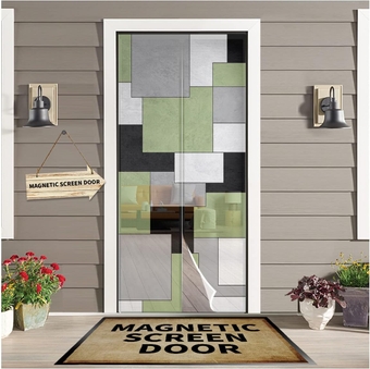 Middle Century Magnetic Screen Door for Sliding/Single/French Doors, Self Sealing Magnets Patio Door Screen Heavy Duty Mesh Curtain, Green Grey White Abstract Patchwork Color Art