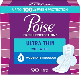Ultra Thin Incontinence Pads with Wings & Postpartum Incontinence Pads, 4 Drop Moderate Absorbency, Regular Length, 90 Count (Pack of 3), Packaging May Vary