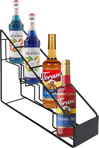 Coffee Syrup Organizer Fits with Torani and Monin Syrup，Coffee Syrup Rack for Coffee Bar Accessories, Kitchen Small Wine Rack for Bar Storage for Syrup Wine Dressing ，Holds 4 Bottles, Black