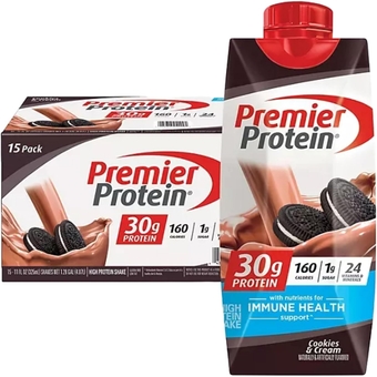 Premier Shake| Variety Pack of Protein Shake, Chocolate, Vanilla, Caramel, Cafe Latte, Strawberries |30g Protein, 1g Sugar, 24 Vitamins & Minerals, Nutrients to Support Immune Health| 11 Fl Oz ( Premier Value Case of 15) (Cookies & Cream)