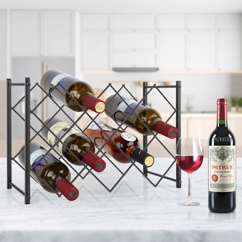 Metal Wine Rack Countertop, 10-Bottle Modern Black Freestanding Wine Bottle Holder, 4-Tier Tabletop Wine Rack Stand Wine Storage, Small Wine Bottle Organizer for Home Kitchen Cabinet Pantry Bar