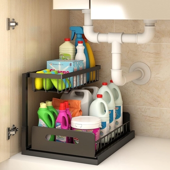 Under Sink Organizers and Storage, Pull Out Cabinet Organizer with Sliding Drawer 2 Tier Multi-purpose Bathroom Shelf Organizer Black for Kitchen Bathroom Storage