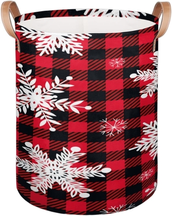 Christmas Checkered Snowflake Large Round Laundry Basket Collapsible Laundry Hamper with Leather Handles Durable Dirty Clothes Storage Bins for Living Room Bedroom Dorm Closet Organizers and Storage