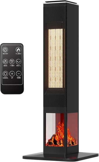 31" Space Heater, Heaters for Large Room, Portable Electric Heater with Remote, Thermostat, 3 Modes, 3D Flame, Multiple Protection, Tower Heater for Bedroom, Office, and Indoor use, Black