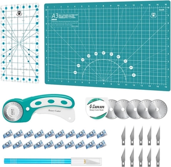 Rotary Cutter Set - 45mm Fabric Cutter, 5 Extra Rotary Blades, A3 Cutting Mat, Quilting Ruler and Sewing Clips, Craft Knife Set, Ideal for Crafting, Sewing, Patchworking,Turquoise
