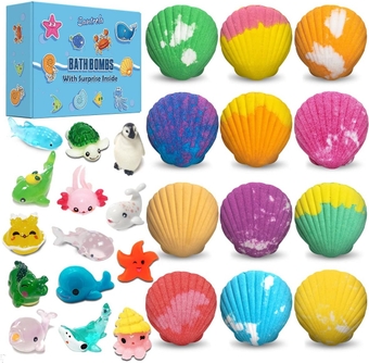 Bath Bombs for Kids with Surprise Toys Inside for Girls Boys - 12 Shell Kids Bath Bombs Gift Set for Easter Egg Birthday, Handmade Bubble Bath Fizzy Bomb with Bath Toy, Easter Basket Stuffers for Kids