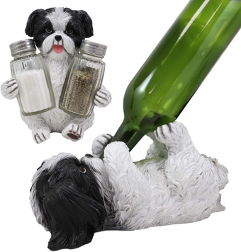 Realistic Adorable Pooch Shih Tzu Mini Toy Breed Dog Decorative Glass Salt Pepper Shakers And Wine Bottle Holder Figurine Set Pet Pal Dogs Kitchen Helper Organizer Accent Statues