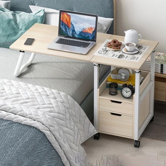 2 in 1 Overbed Table with Wheels Foldable Bedroom Side Table with Drawer Height Adjustable Mobile Computer Desk (Color : Maple Cherry Wood)