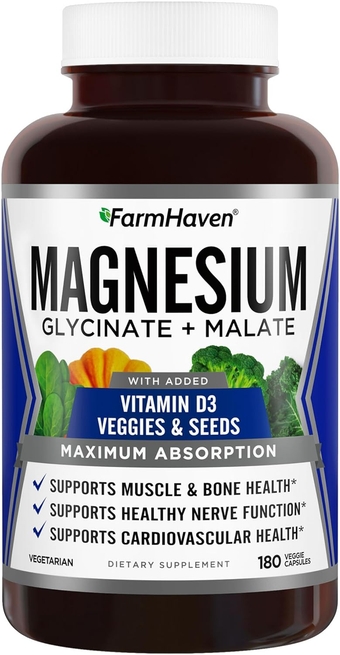 Magnesium Glycinate & Malate Complex w/Vitamin D3, 100% Chelated for Max Absorption, Vegetarian – Bone Health, Nerves, Muscles, 180 Capsules, 90 Days