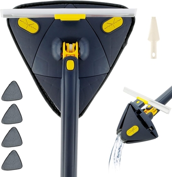 360° Rotatable Adjustable Cleaning Mop,Triangle Microfiber Mop with 4 Mop Pads and Window Squeegee Wet/Dry Wall Dust Mop Twist Quick Dry Mop Long Handle for Hardwood Window Floor