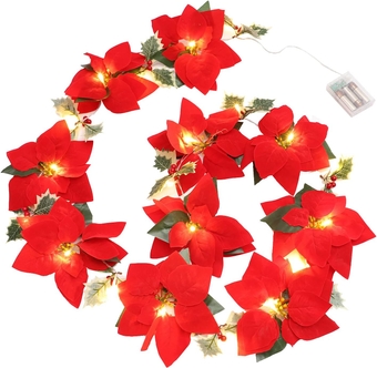 Lighted Christmas Poinsettia Garland String Light 2M 20 LED Artificial Velvet Poinsettia with Red Berry Xmas String Lights Battery Operated Fairy Lights