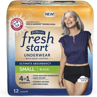 FitRight   Urinary and Postpartum Incontinence Underwear for Women, Small, Black, Ultimate Absorbency, with The Odor-Control Power of ARM & Hammer Baking Soda (12 Count, Pack of 1)