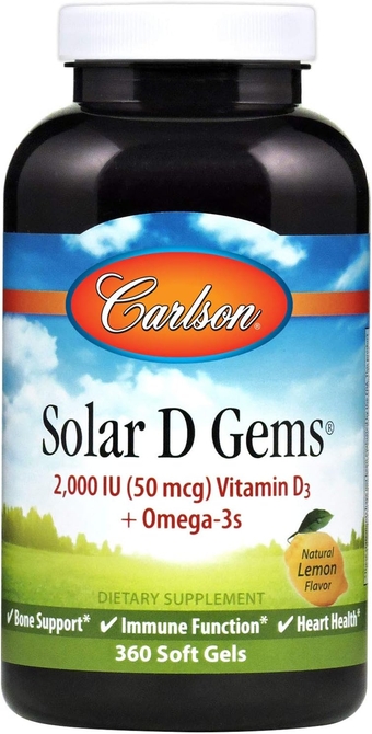 - Solar D Gems, Vitamin D3 and Omega-3 Supplement, 2000 IU Vitamin D3, 115 mg Omega-3s EPA and DHA, Vitamin D Fish Oil Capsule, Bone & Immune Health, Vitamin D Supplement, Lemon, 360 Softgels