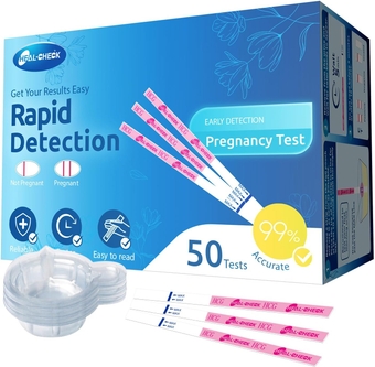 Pregnancy Tests with Cup, 50 Bulk Pregnancy Test Strips for Home Detection, Over 99% Accuracy, Individually Wrapped Fertility Tests, Extra-Wide 5mm HCG Test Kit Comfortable Grip, Pruebas De Embarazo