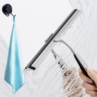 Shower Squeegee for Shower Glass Door, Squeegee for Shower Doors, Mirrors, Car Windows, Bathroom Cleaner with 1 Suction Cup Hook Holder & 1 Microfiber Cloth - Stainless Steel, 10 Inch