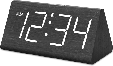 Wooden Digital Alarm Clocks for Bedrooms - Electric Desk Clock with Large Numbers, USB Port, Battery Backup Alarm, Adjustable Volume, Dimmer, Snooze, DST, 12/24H, Wood Décor (Black)