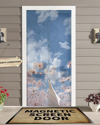 Pastel Pink Flower Magnetic Screen Door for Sliding/Single/French Doors, Self Sealing Magnets Patio Door Screen Heavy Duty Mesh Curtain, Farmhosue Country Sky Blue White