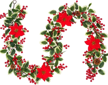5.9FT Garland Christmas Decorations, Red Berry Garland, Artificial Christmas Tree Garland with Pine Cones and Poinsettia for Indoor Outdoor Home Gate Table Fireplace New Year Decor
