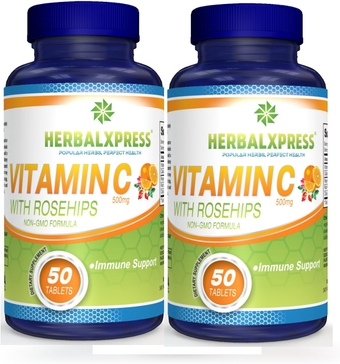 Herbalxpress Vitamin C 500mg with Rose HIPS, Ascorbic Acid & Citrus Bioflavonoids 50 Tablets (2-Pack) - The Powerful Duo:- A Complementary Approach to Boost Your Immune System.