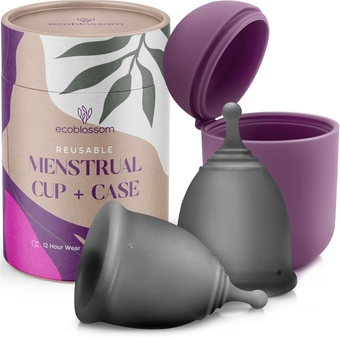Reusable Menstrual Cup and Case - The Most Reliable Medical Grade Silicone Period Cups - Comfortably use for 12 Hours (Large (Pack of 2), Gray Cup & Case)
