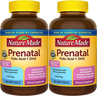 Nature Made Prenatal with Folic Acid + DHA, 200mg Prenatal Vitamin and Mineral Supplement for Daily Nutritional Support, 150 Softgels, 150 Day Supply (Pack of 2)