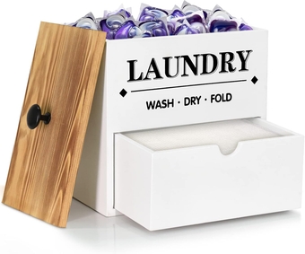 Dryer Sheet Holder with Drawer and Lid, Wood Dryer Sheet Dispenser and Laundry Pods Container for Laundry Room Organization and Storage, Laundry Pod Holder Wall Mount for Laundry Room Decor (White)