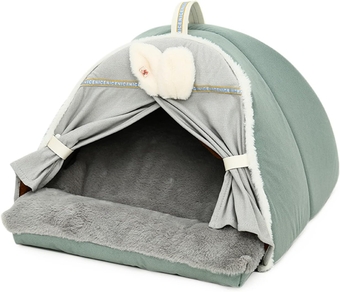 Cat Nest Winter Cat Camping Tent Warm Sleeping Bed Closed Rabbit Ear Nest Cat Bed for Keeping Warm in Winter Removable Thick Dog Cushion Sleeping Sofa Four Seasons (Small,Green-Gray)