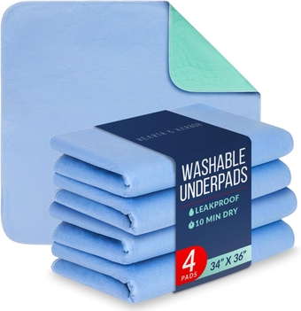 &  Incontinence Bed Pads Washable Waterproof 34”x36”, Washable Pee Pads for Adults, Elderly, Kids & Pets, Heavy Absorbency Pads for Beds for Incontinence Adults, 4 Pack Reusable Underpads