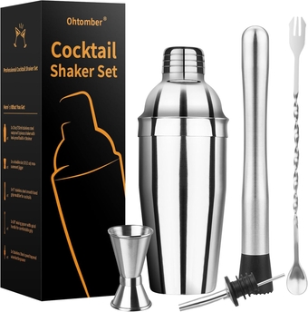 Cocktail Shaker Bartender Kit - 5PCS Cocktail Martini Shaker with Strainer, Muddler for Cocktails, Bar Spoon, Measuring Jigger for Bartending and Liquor Bottle Pourers, Drink Mixer Bar Tools