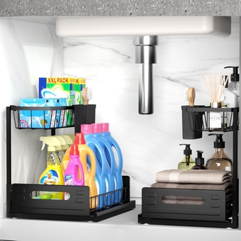 Under Sink Organizer, 2-Tier Sliding Under Bathroom Sink Storage Pull Out Cabinet Organizer Metal Material Multi-purpose for Kitchen Bathroom, Black, 2 Pack
