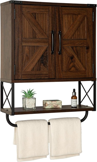 Farmhouse Medicine Cabinet with 2 Barn Door,Wood Wall Mounted Storage Cabinet with Adjustable Shelf and Towel Bar, 3-Tier Bathroom Cabinet for Bathroom, Living Room(Dark Walnut, Medium)
