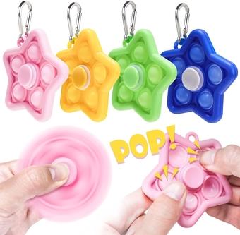 4-Pack 2-in-1 Mini Star Pop Fidget Spinner Keychain Set, Push Pop Bubble Fidget Sensory Toy Stress Relief Anti-Anxiety Fidget Spinner for Kids and Adult (Green, Blue, Yellow & Pink)