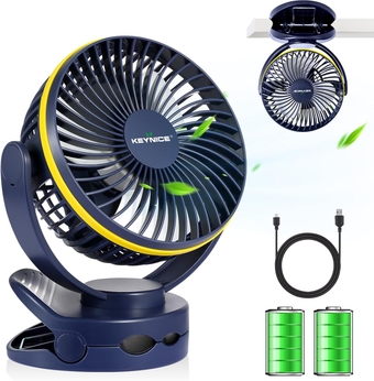 Camping Fan with Light, Portable Travel Fan, Rechargeable Clip on Fan, 4 Speed Battery Powered Desk Fan, Personal Table Fan for Home Office Outdoor