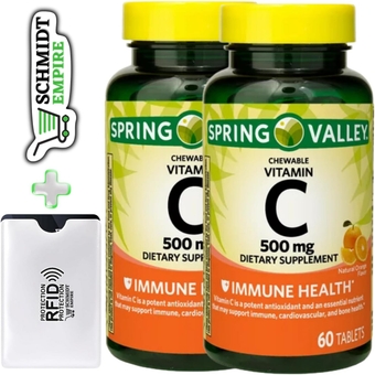 Spring Valley Vitamin C Immune Health Dietary Supplement Chewable Tablets, Orange, 500 mg, 60 Count + 1 Card Protector SchmiidtEmpire + Sticker (Pack of 2-60ct)