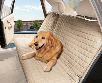 Quilted Design%100 Waterproof Premium Quality Bench Car Seat Protector Cover (Entire Rear Seat) for Pets - Ties to Stop Slipping Off The Bench, Beige