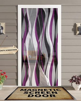 Abstract Purple Magnetic Screen Door for Sliding/Single/French Doors, Self Sealing Magnets Patio Door Screen Heavy Duty Mesh Curtain, Black Grey White Modern Abstract Stripes