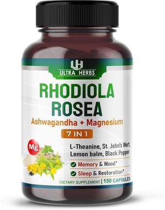 Rhodiola Rosea 21,400mg 7 IN 1 with Ashwagandha + Magnesium, L-Theanine, St. John's Wort, Lemon balm, Black Pepper - Relax & Restore - USA made (150 count (pack of 1))