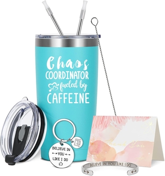 Chaos Coordinator Fueled By Caffeine 20oz Tumbler, Funny Stainless Steel Tumbler with Lids and Straws - Funny Gift Set for Women Mom Wife Friends Sisters Coworkers Teachers, Aqua Blue