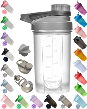 A Stylish Gray   w. Clear Cup BPA Free,Made of PP5,Measurement Marks of 16 OZ/500 ML & 1.57" Plastic Blender Ball,Anti-Leaking Twist Cap Fixed w. Slim Arm & Large Moden Loop,Easy to Clean.