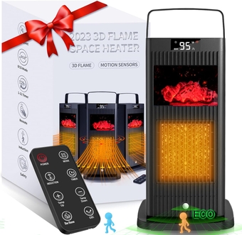 Space Heater, 2023 Small Space Heaters for Indoor Use, Oscillating Electric Heater with Infrared Sensor & 3D Flame Effect as Mini Fireplace, 1500W ECO Portable Heater for Office/Bedroom/Home/Garage