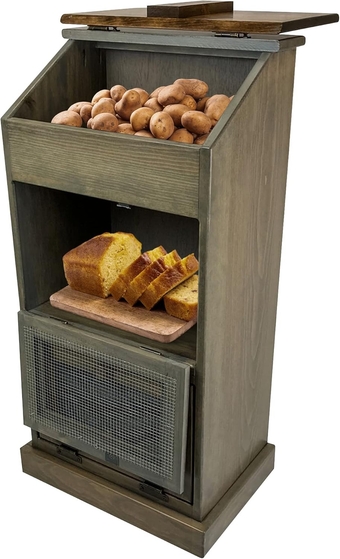 Potato Storage Wood Box, Wooden Bread Bins, Decorative Onion Bin w/Grocery Section, Vegetable Storage w/Lid for Kitchen Pantry, Pewter